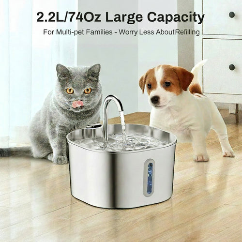 Zyfeeder 2.2L Automatic Cat Water Fountain Square Stainless Steel Pet Water Feeder Dog Water Fountain with Window（No 5V 1A Plug）